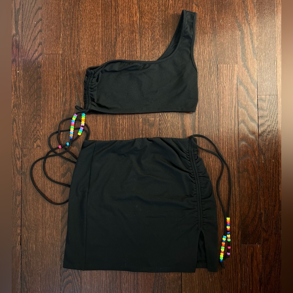 White Fox Two-Piece Beaded Black Set